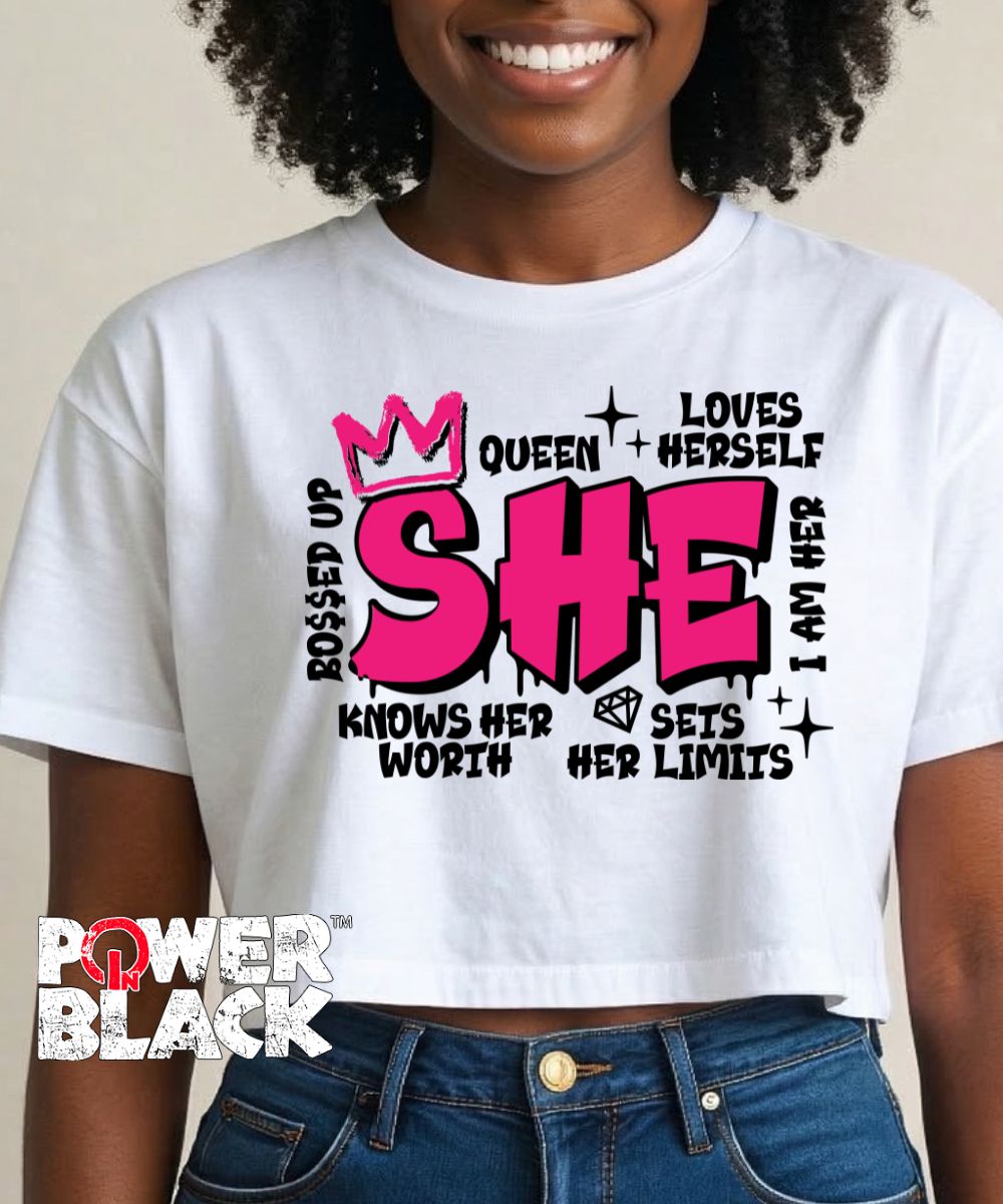 She Collage Crop Top
